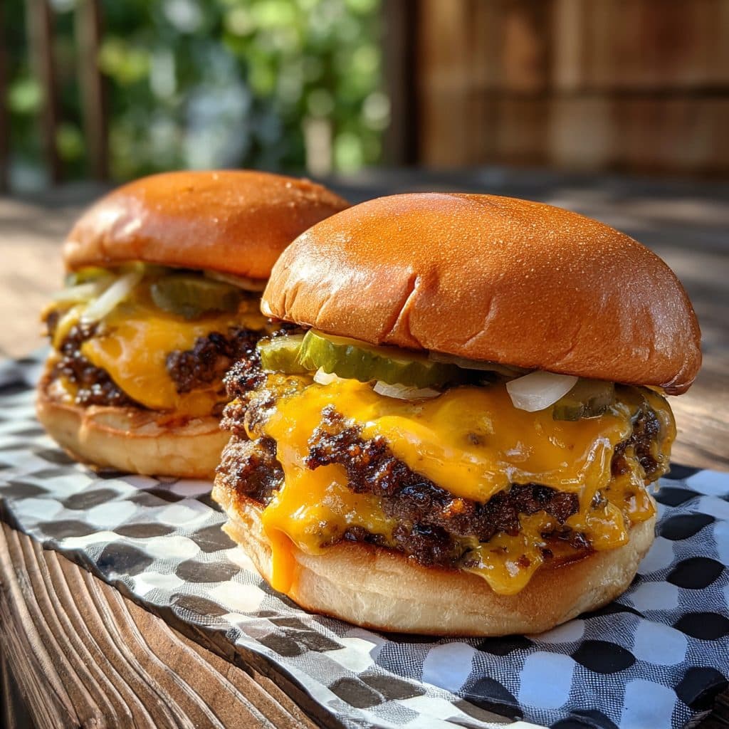 Two juicy smash burgers with cheese, pickles, and sauce on brioche buns