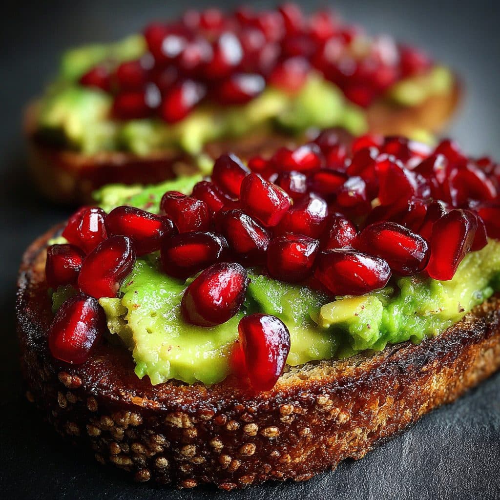 Two slices of avocado toast with red pomegranate seeds on a wooden board.