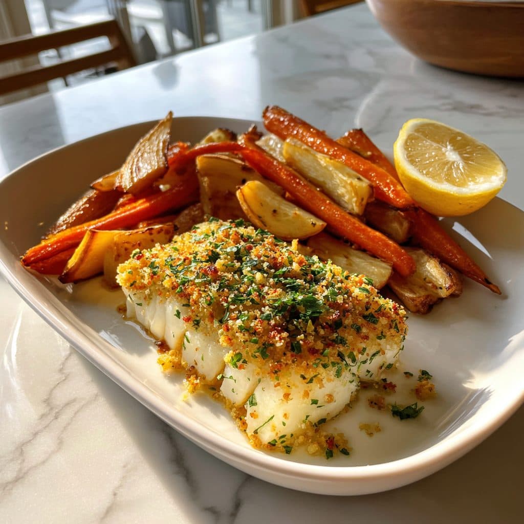 Baked Cod with Lemon Herb Crumbs and Roasted Root Vegetables
