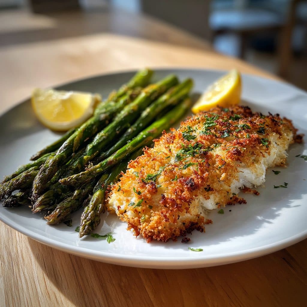 Baked Haddock with Lemon-Herb Breadcrumb Crust and Roasted Asparagus