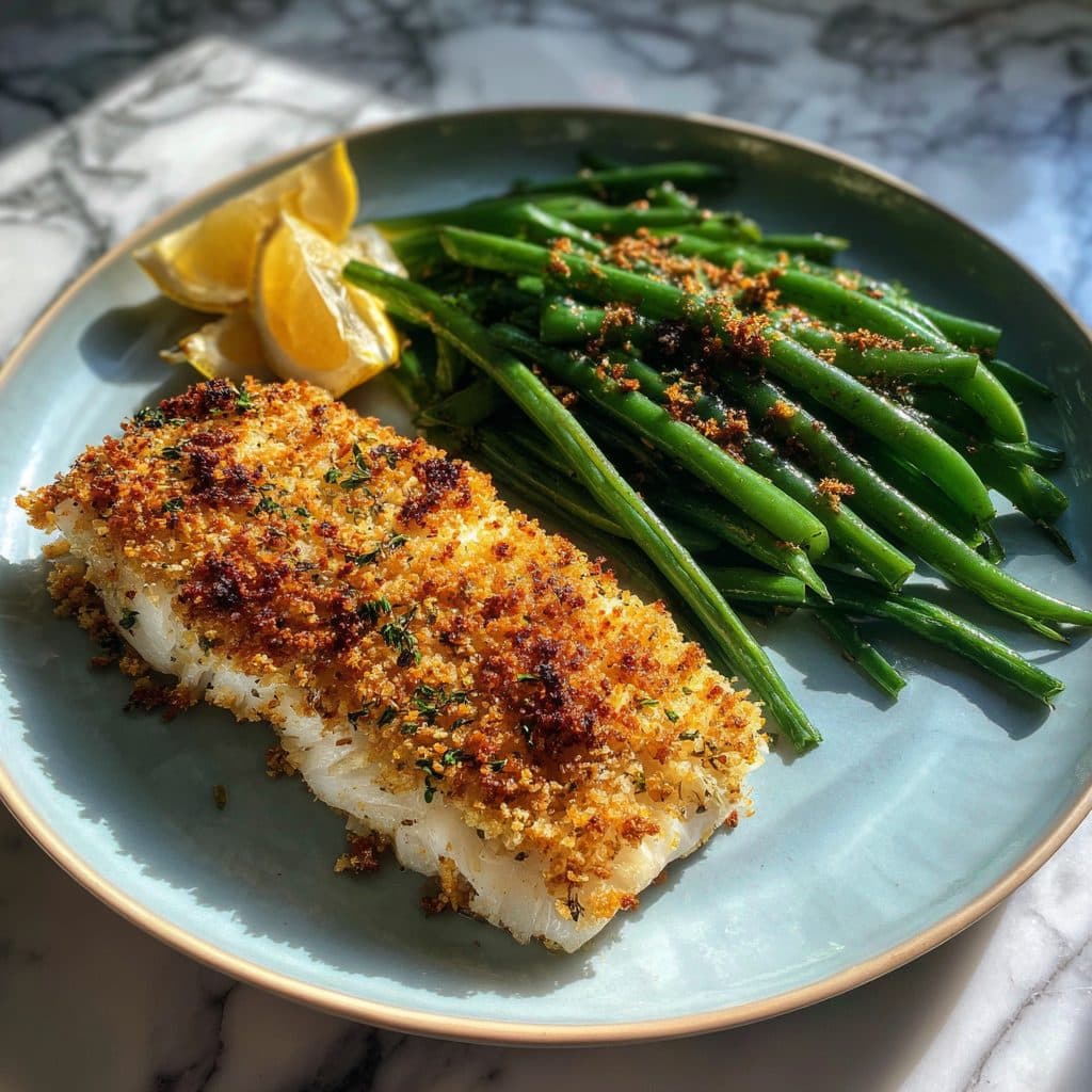 Baked Haddock with Lemony Herb Breadcrumbs and Sautéed Green Beans