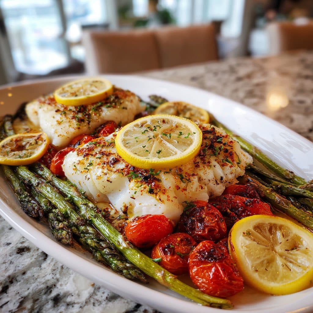 Baked Lemon Herb Cod with Roasted Spring Vegetables