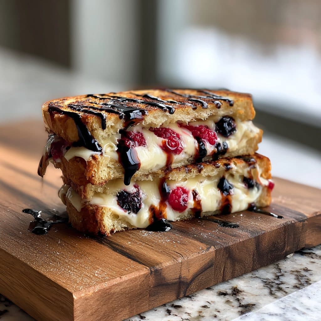 A gourmet grilled cheese sandwich cut in half, showing melted brie and berries