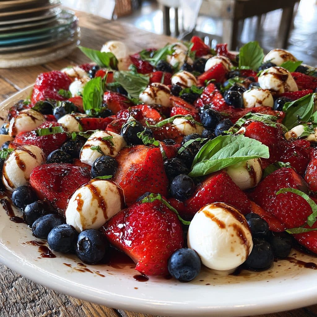 A salad of strawberries, blueberries, mozzarella, and basil