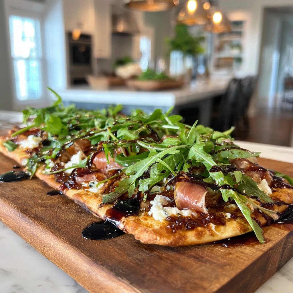 A flatbread with fig jam, goat cheese, prosciutto, and arugula