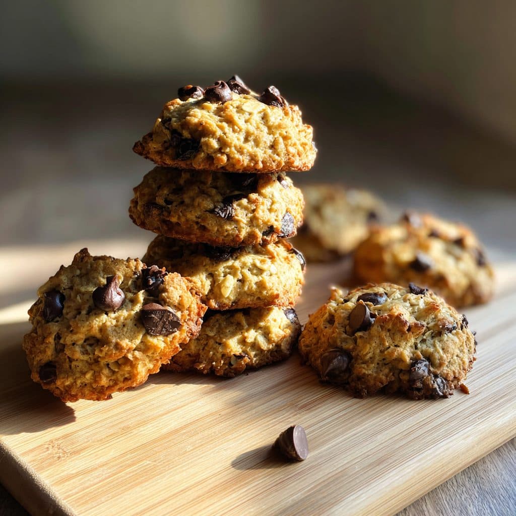 A stack of soft banana oat chocolate chip cookies on a plate
