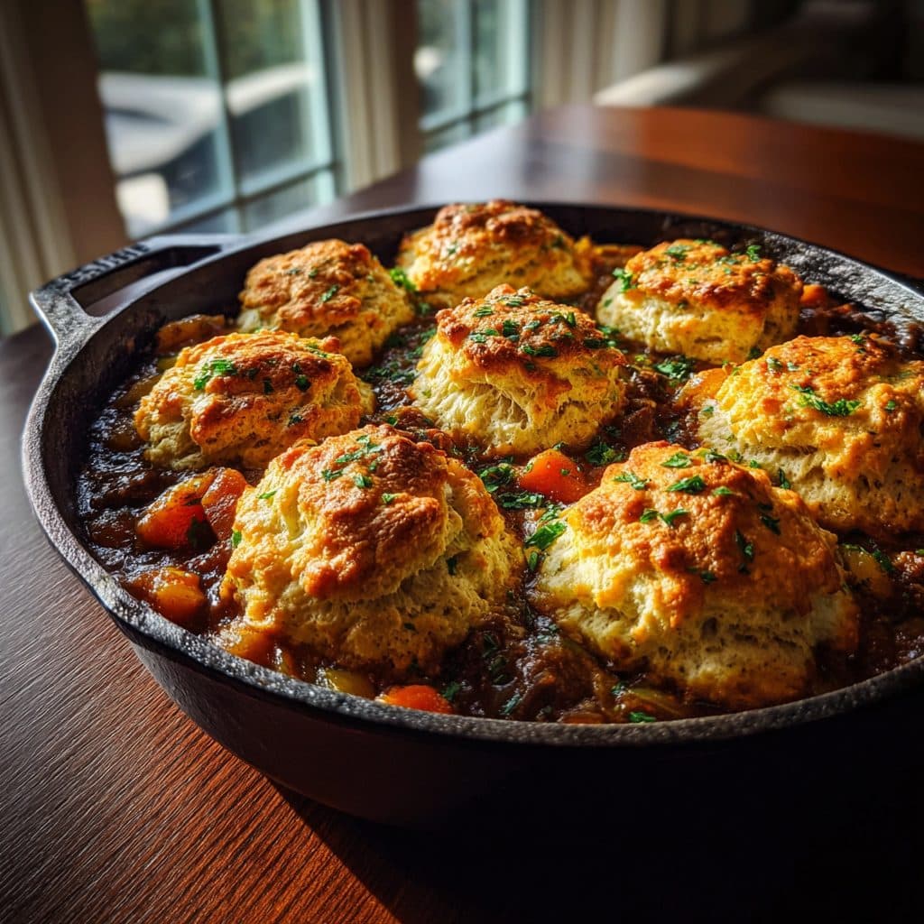 Beef and Root Vegetable Cobbler with Savory Herb Scones
