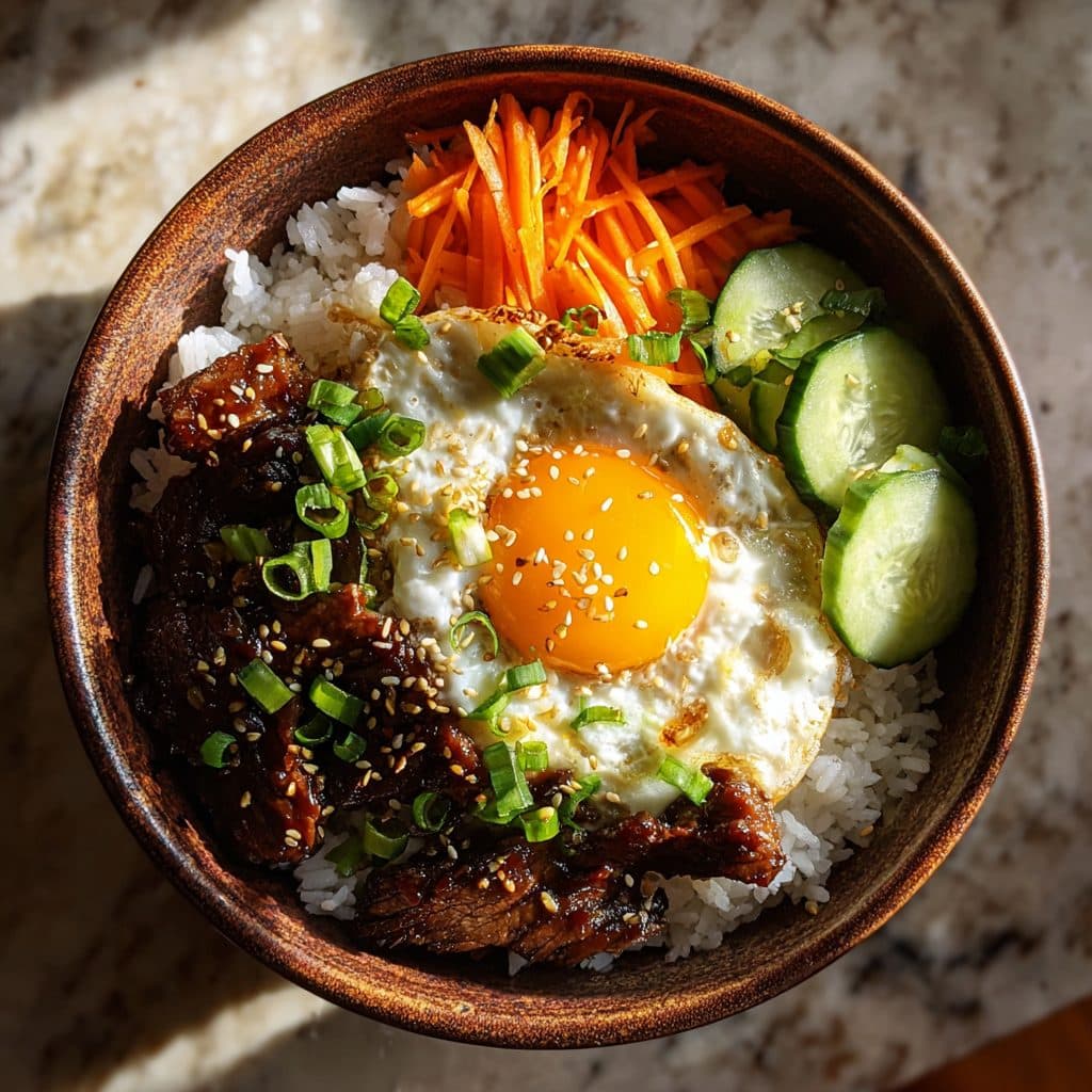 A rice bowl with Korean beef bulgogi, vegetables, and a fried egg