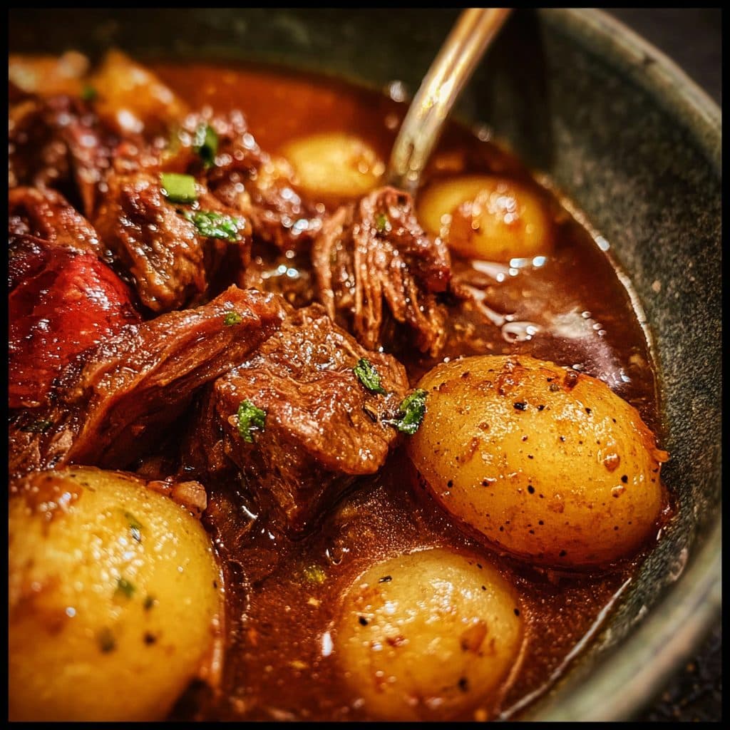 A bowl of brown beef stew with large chunks of meat and vegetables.