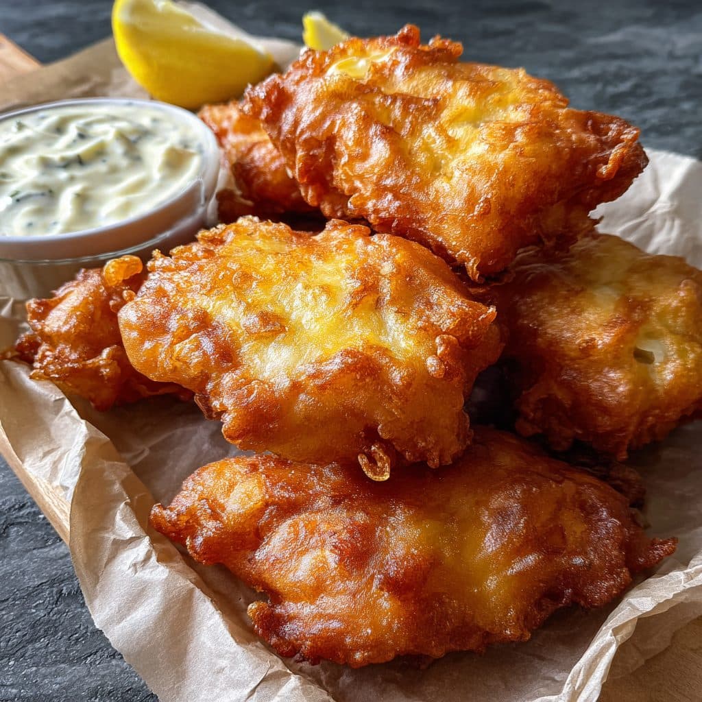 Crispy beer-battered fish fillets on a plate with tartar sauce