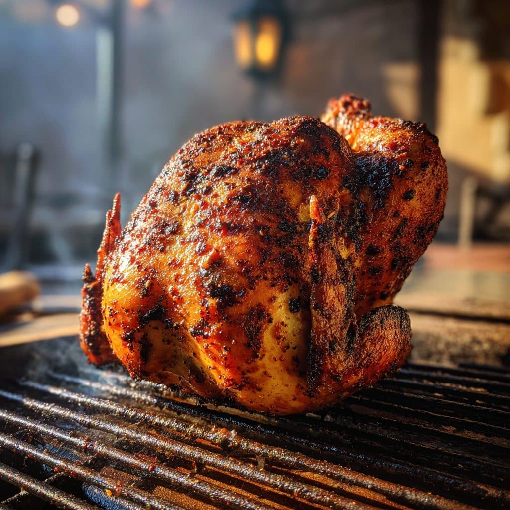 A whole golden-brown chicken roasting upright on a beer can