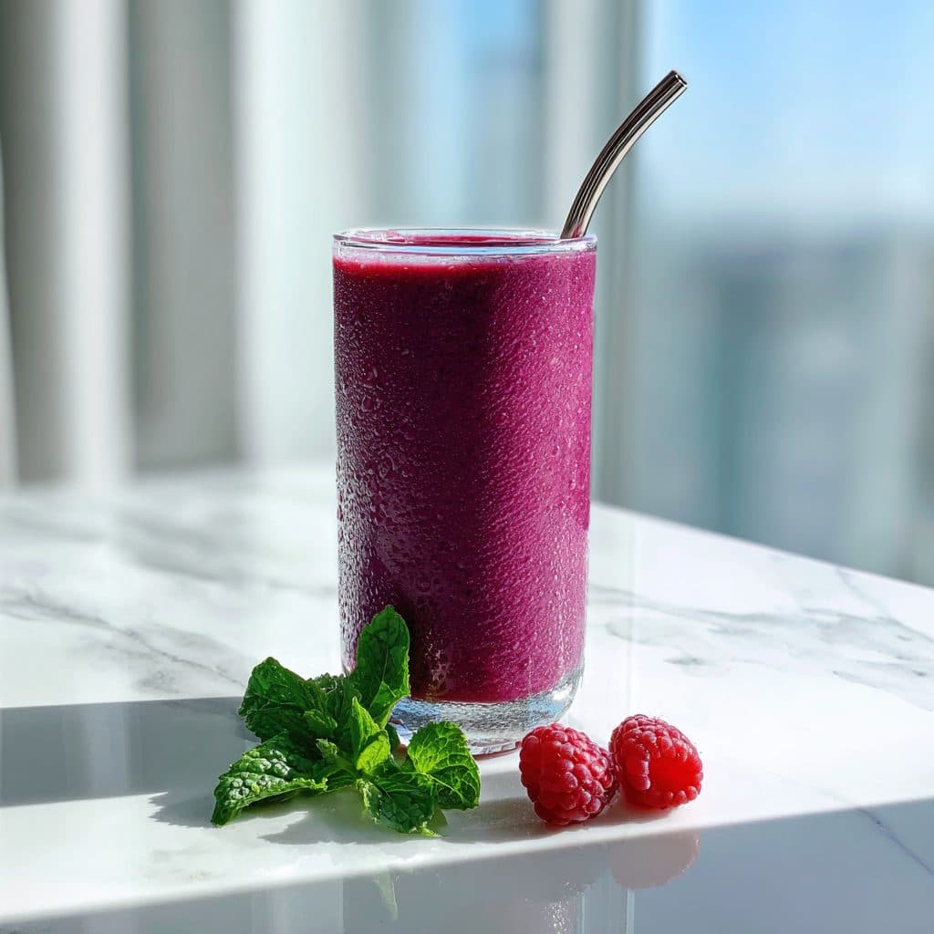 A thick purple berry smoothie in a tall glass with a straw