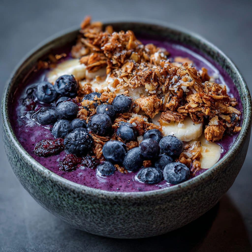 A purple smoothie bowl topped with granola and berries.