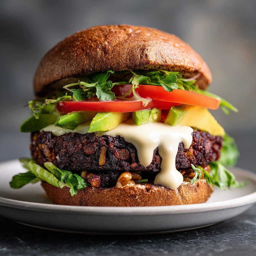 A dark red vegan burger patty on a bun with lettuce, tomato, and avocado