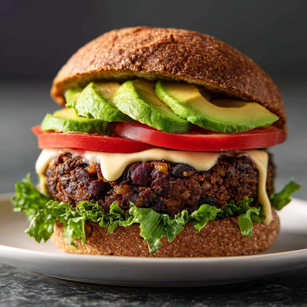 A vegan black bean and beet burger on a bun with lettuce, tomato, and avocado