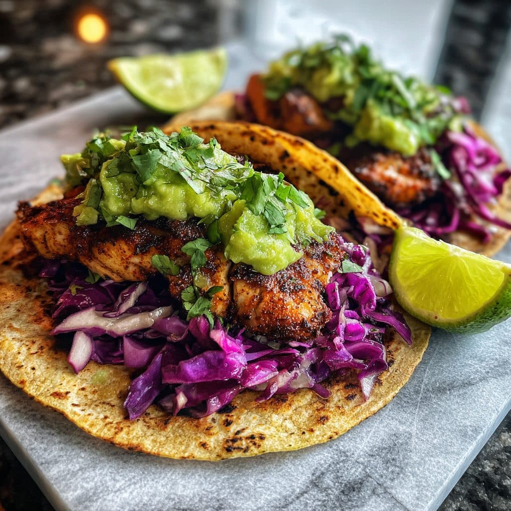 Two fish tacos with blackened fish and avocado sauce on a plate