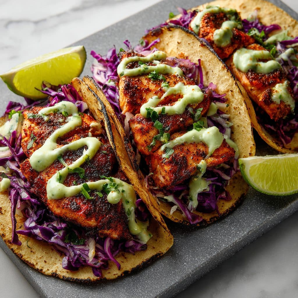 Blackened salmon tacos with purple cabbage slaw and avocado crema on a plate