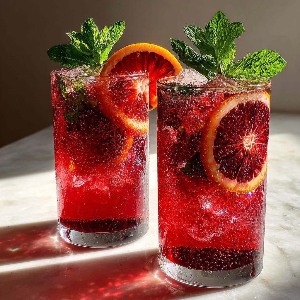 A vibrant red blood orange and mint drink in a tall glass with ice