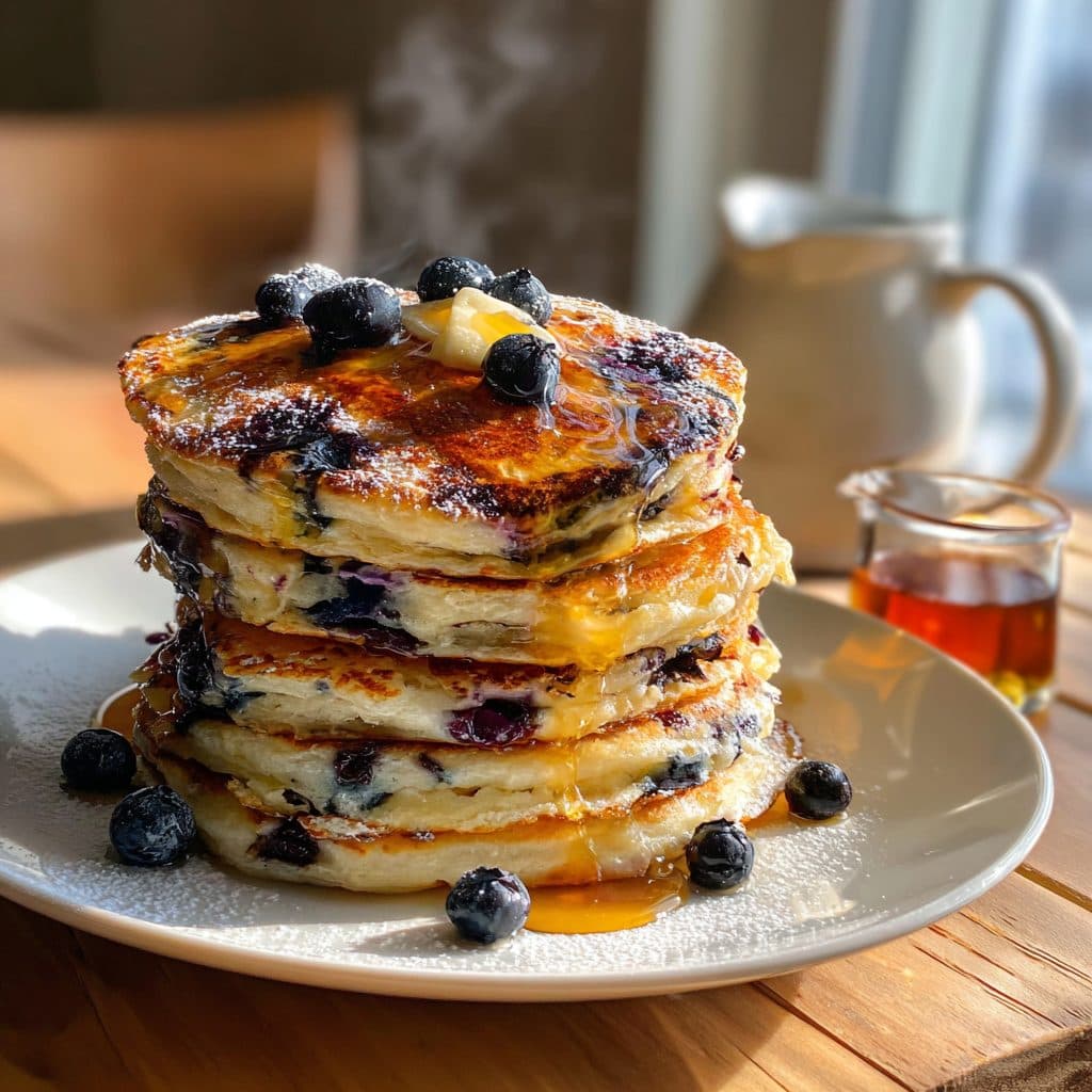 A stack of fluffy blueberry pancakes with syrup and fresh blueberries