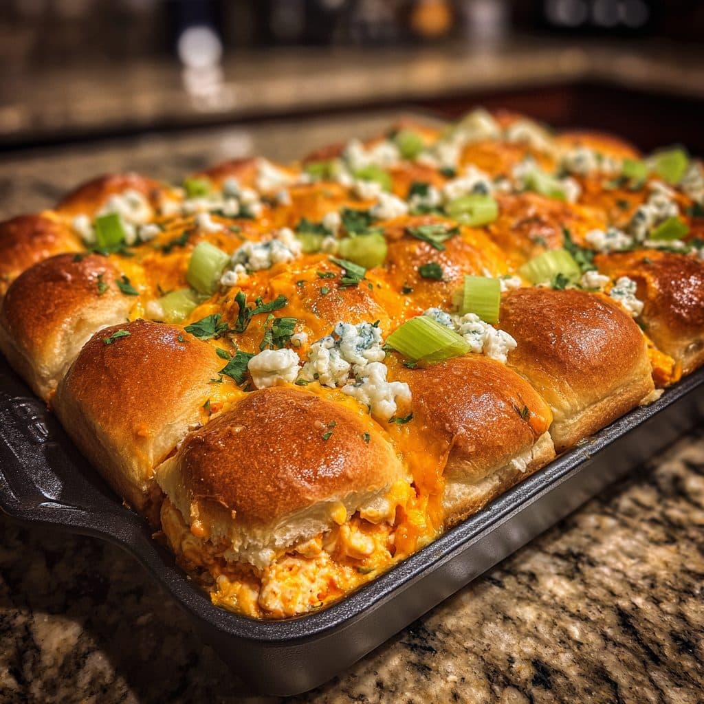 A tray of baked sliders filled with orange buffalo chicken dip