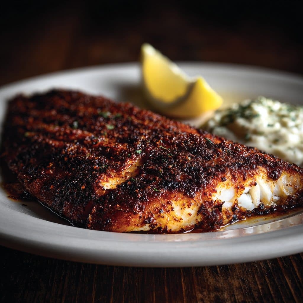 A blackened catfish fillet with a dark spice crust on a plate