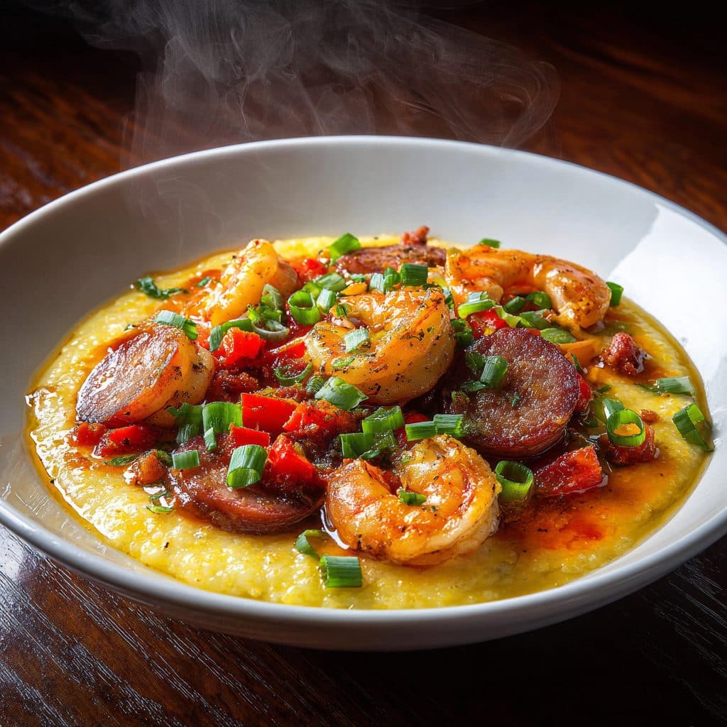 A bowl of creamy grits topped with spicy shrimp and sausage