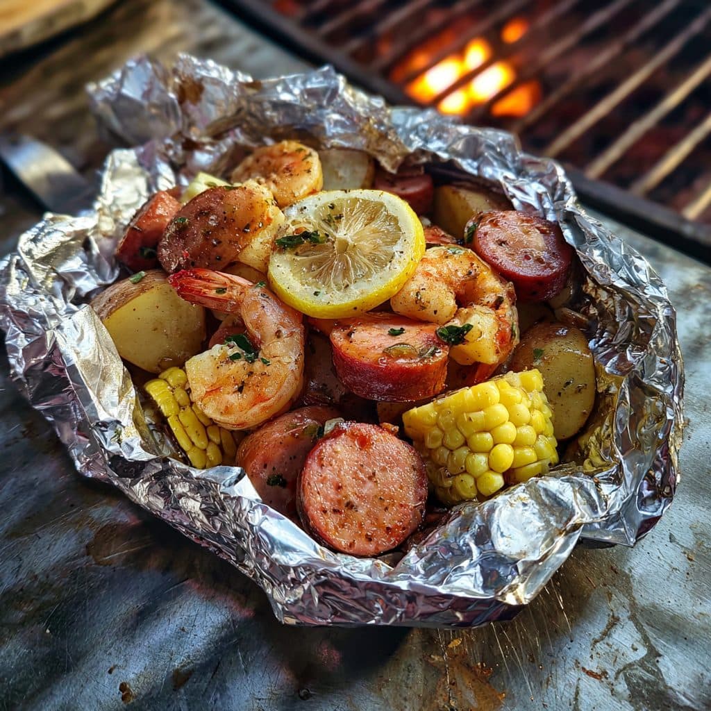 An open foil packet filled with shrimp, sausage, corn, and potatoes