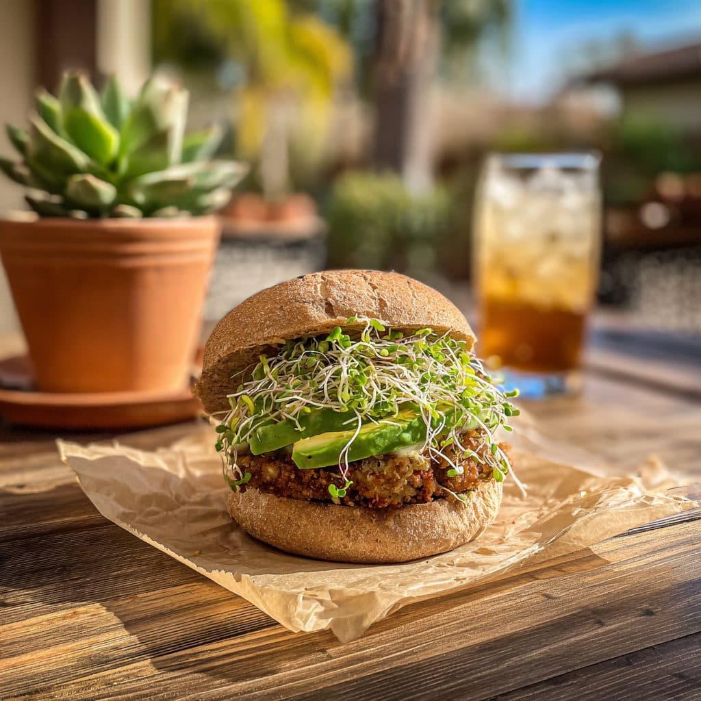 A vegan bean burger with avocado and sprouts on a whole wheat bun