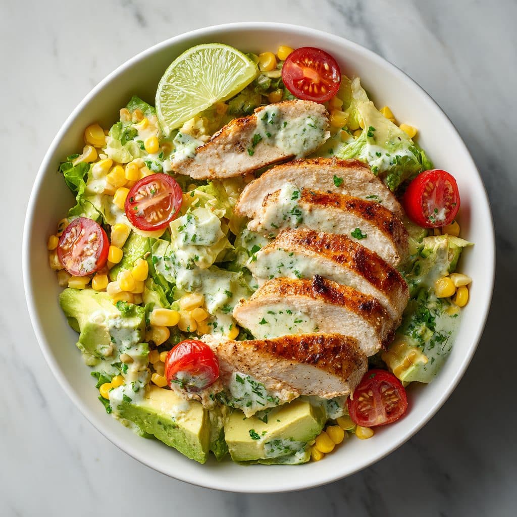 A vibrant bowl of California avocado chicken salad with grilled chicken, avocado, corn, tomatoes, and lime wedges on a white plate