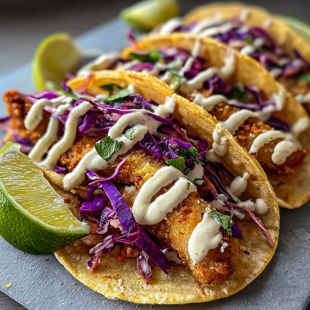 Crispy beer-battered fish in corn tortillas with purple cabbage slaw