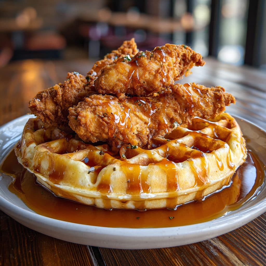Crispy fried chicken on a waffle with syrup drizzle