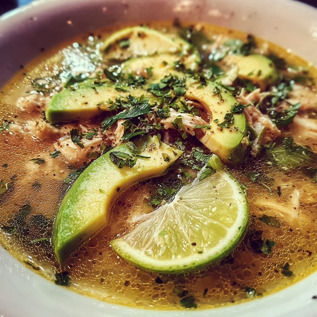 A clear soup with chicken and avocado slices topped with cilantro.
