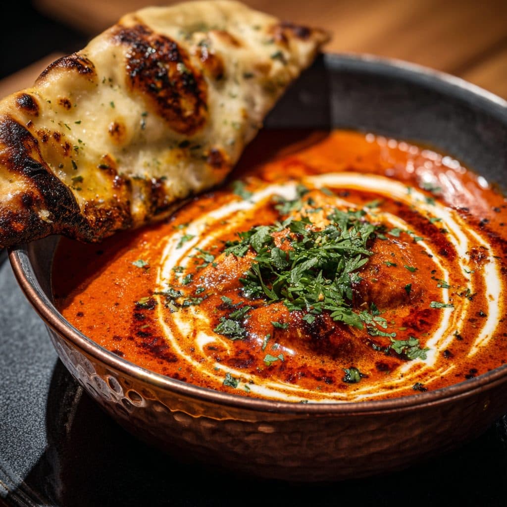 A bowl of creamy chicken makhani curry with naan bread