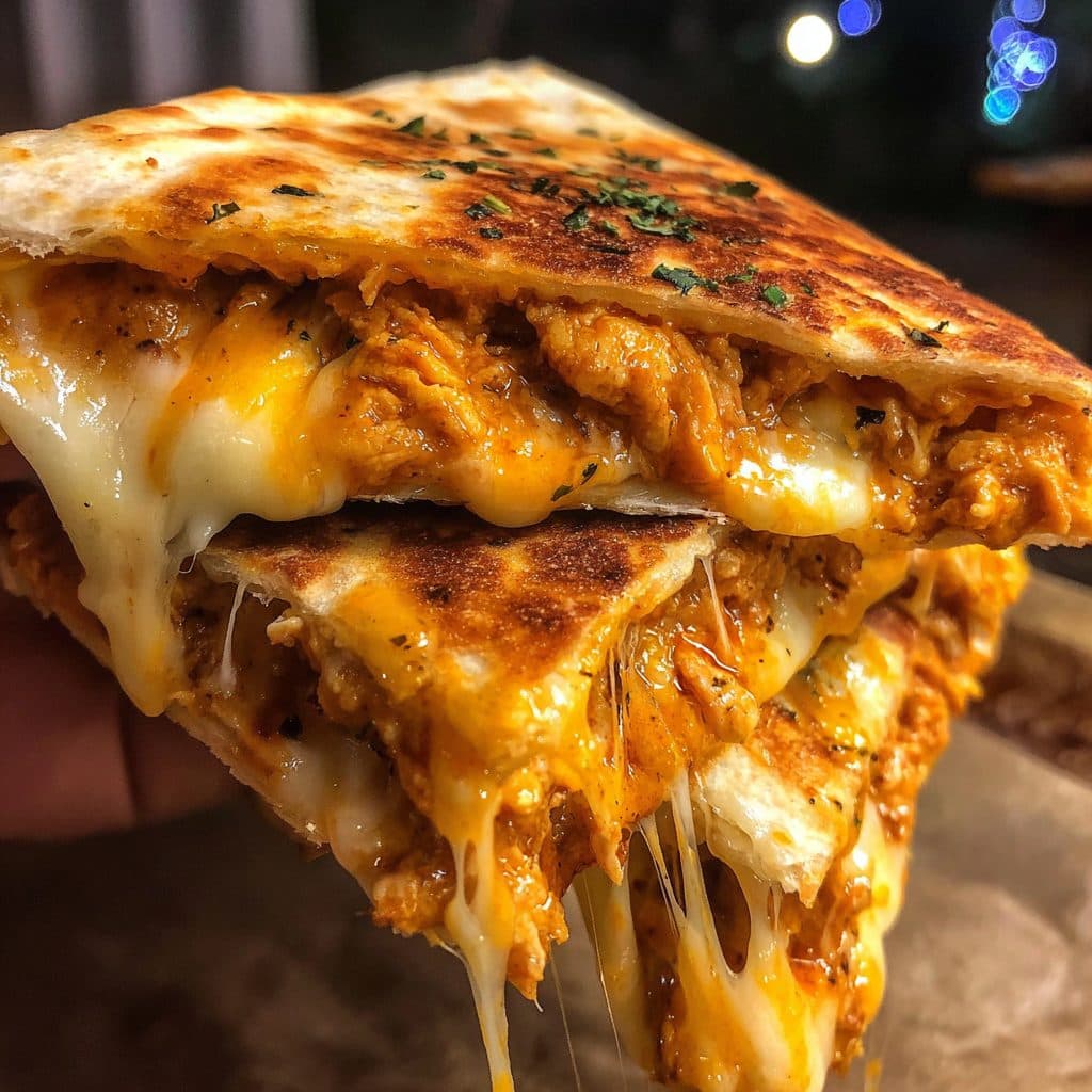 Slices of quesadilla showing melted cheese and chicken.