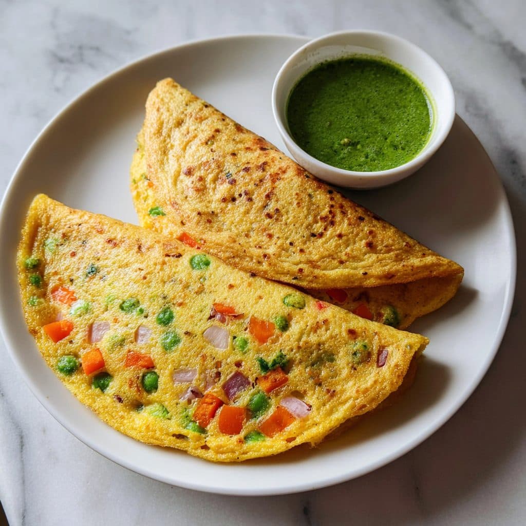 A golden chickpea flour omelette with vegetables on a plate