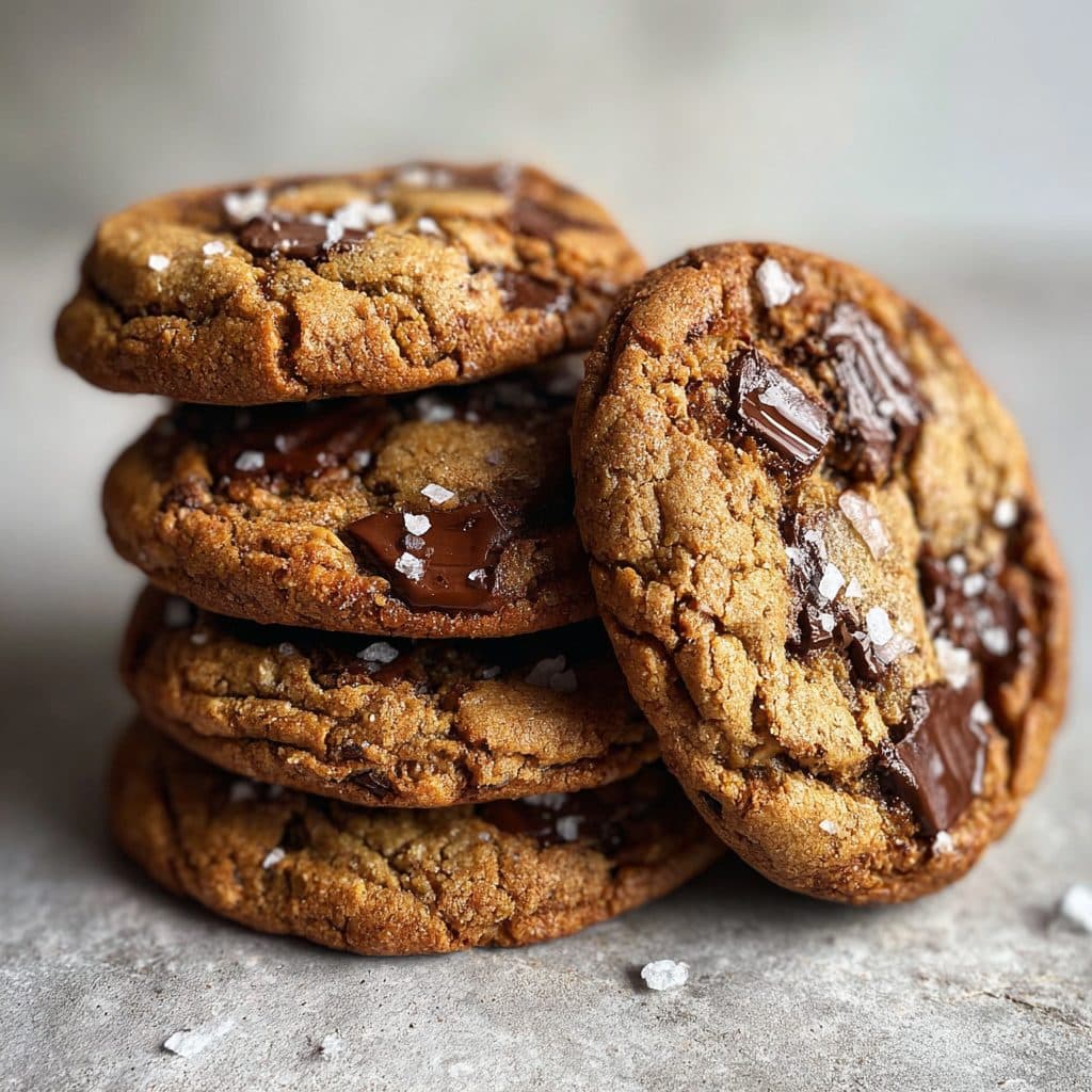 Chewy chocolate chip cookies with sea salt on a cooling rack