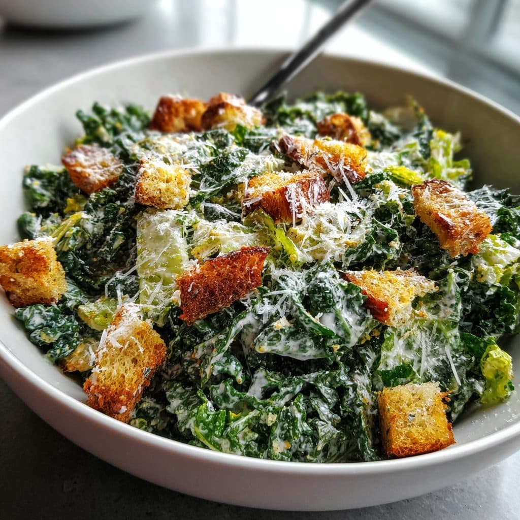 A large bowl of chopped kale Caesar salad with croutons and parmesan