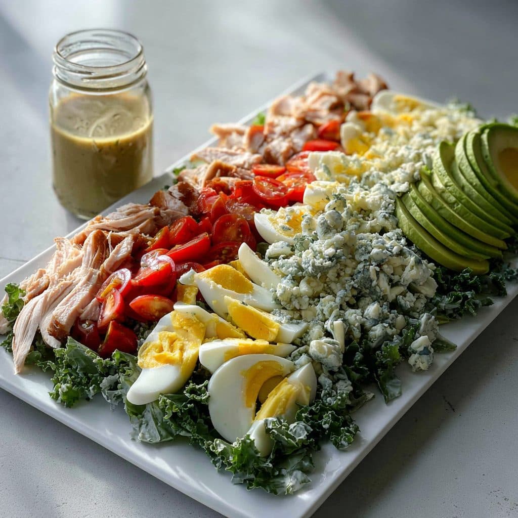 A large bowl of chopped kale salad with rows of colorful toppings