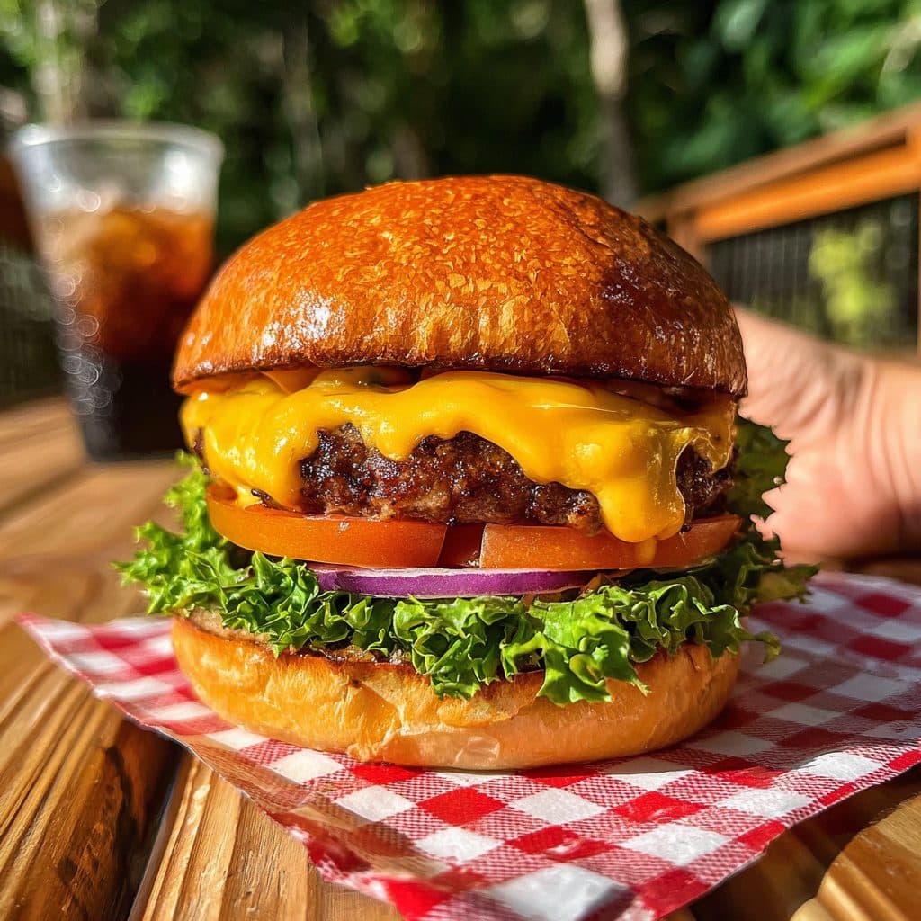 A classic cheeseburger with lettuce, tomato, and cheese on a brioche bun