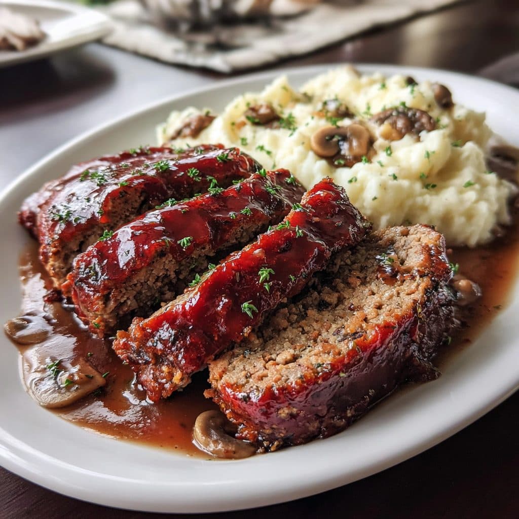 Classic American Meatloaf with Mushroom Gravy