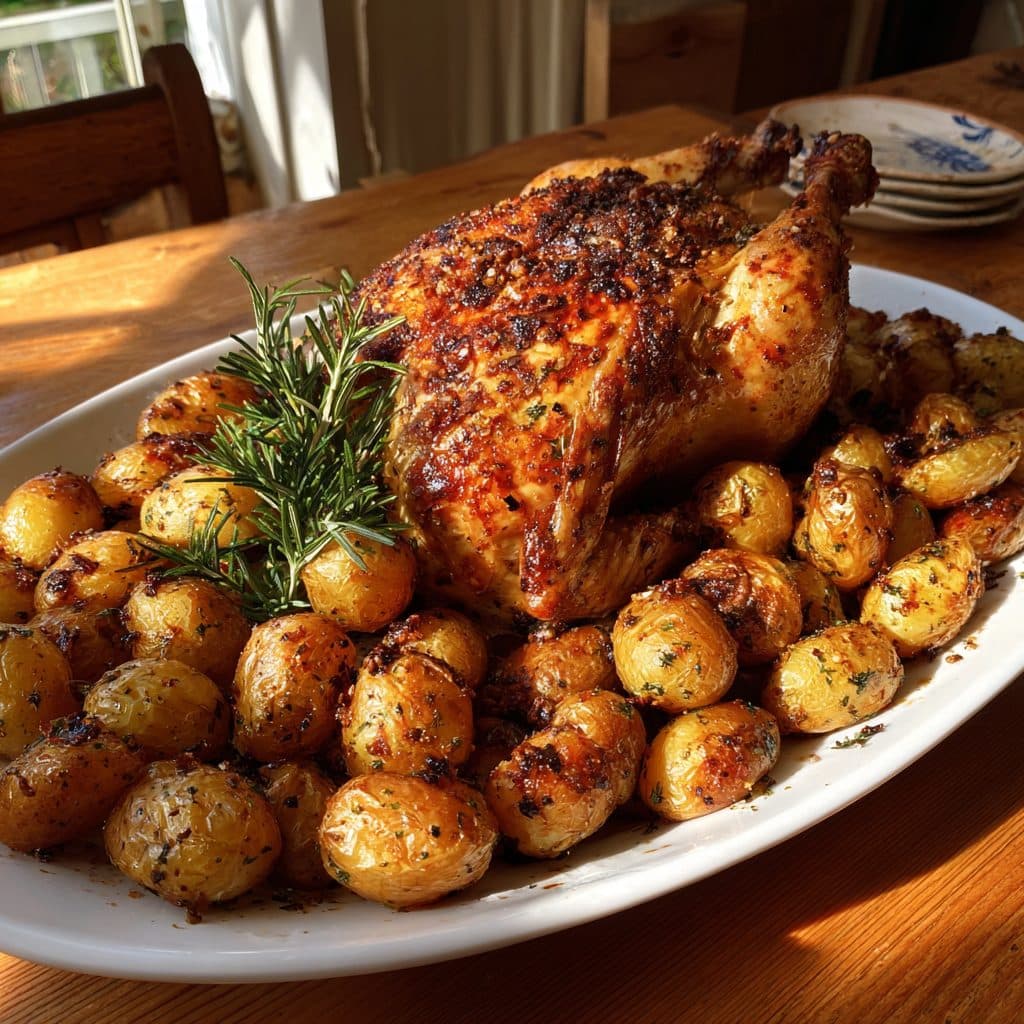 Classic Roast Chicken with Herb Roasted Potatoes