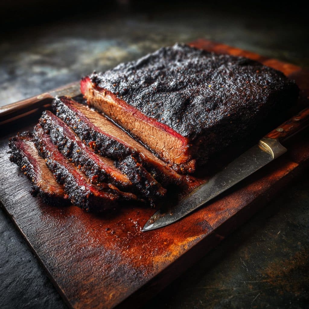 A smoked beef brisket with a dark coffee spice bark, sliced on a cutting board