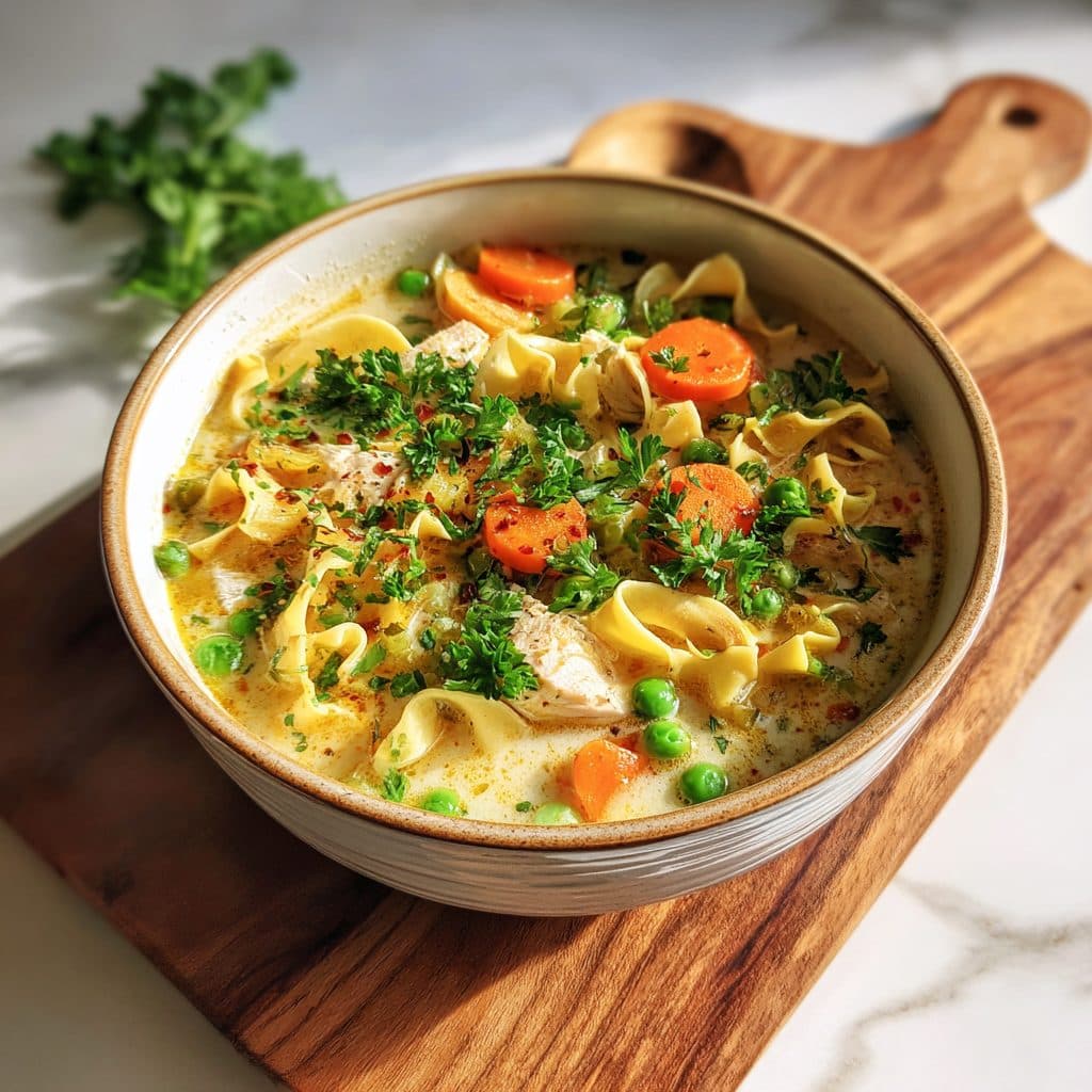 Creamy Chicken Noodle Soup with Spring Vegetables