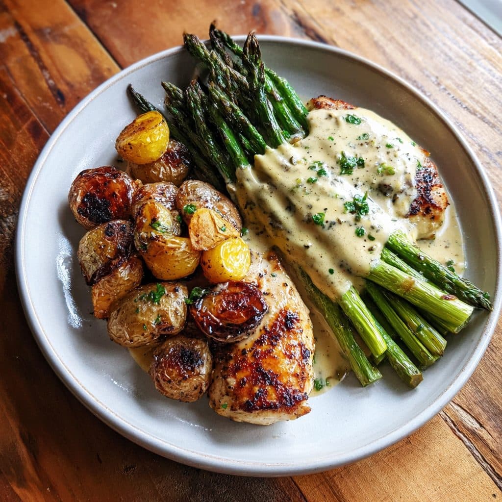 Creamy Dijon Chicken with Roasted Asparagus and Fingerling Potatoes