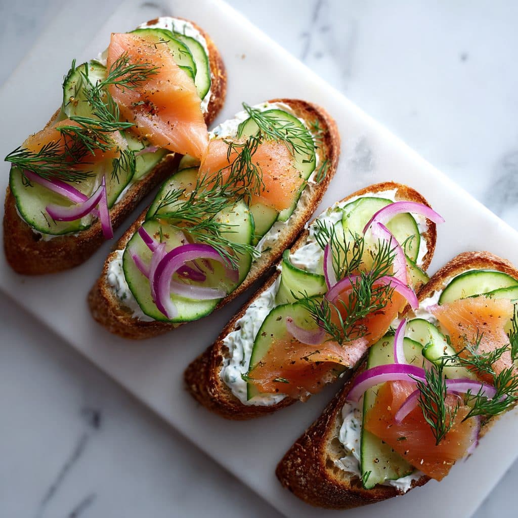Open-faced sandwiches with salmon, cucumber, and cream cheese on baguette
