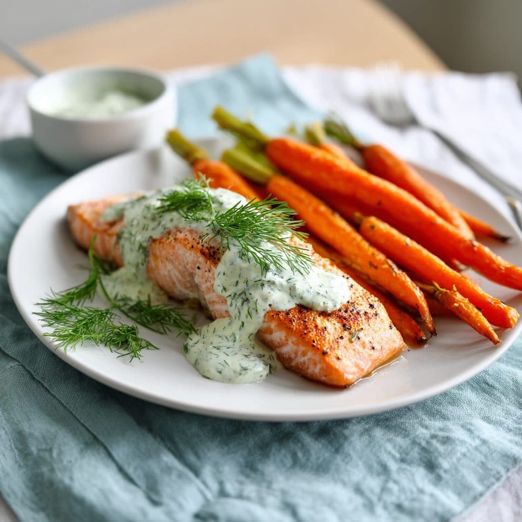 Creamy Dill Salmon with Roasted Baby Carrots