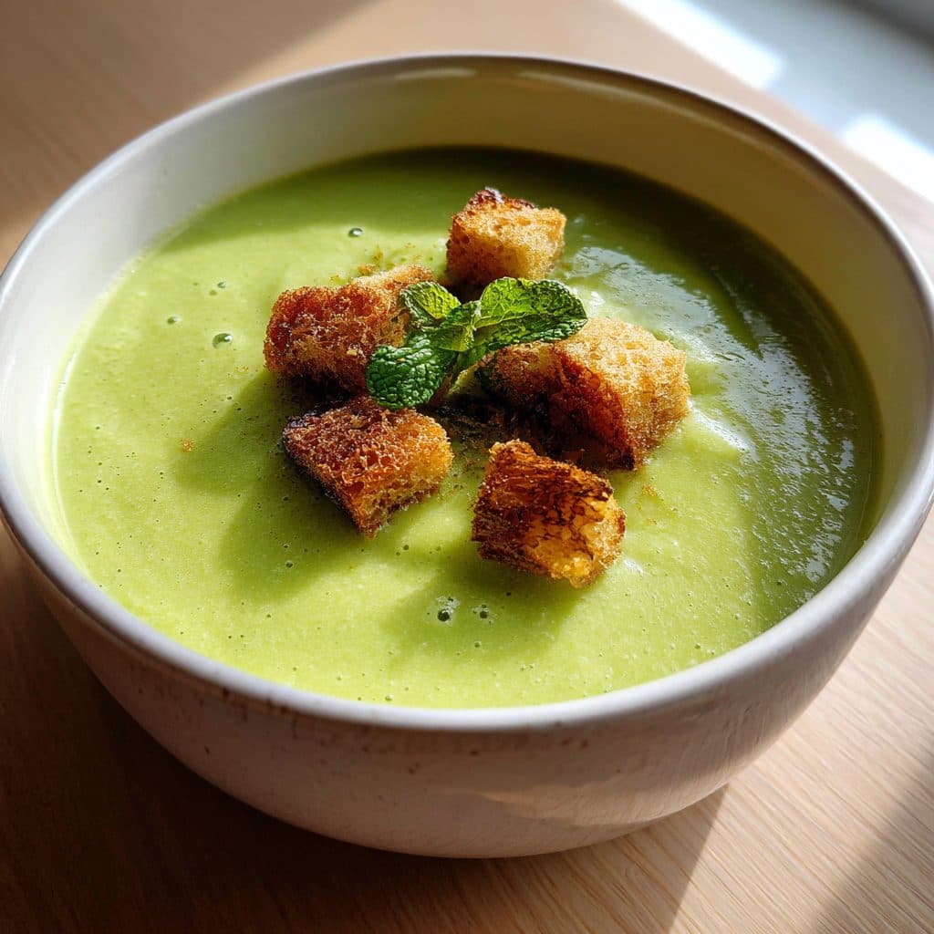 Creamy Green Pea and Mint Soup with Croutons