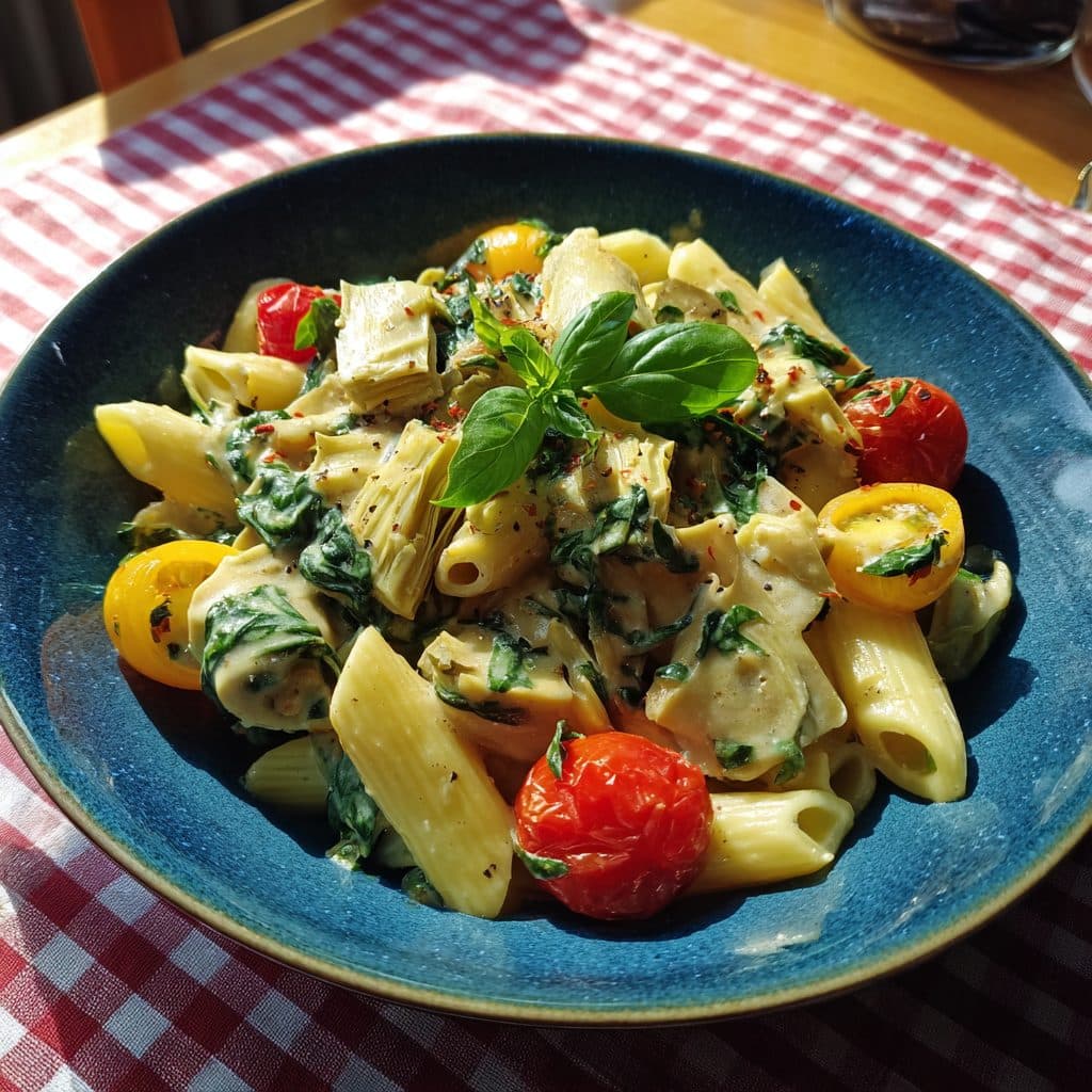 Creamy Lemon and Artichoke Pasta with Cherry Tomatoes and Spinach