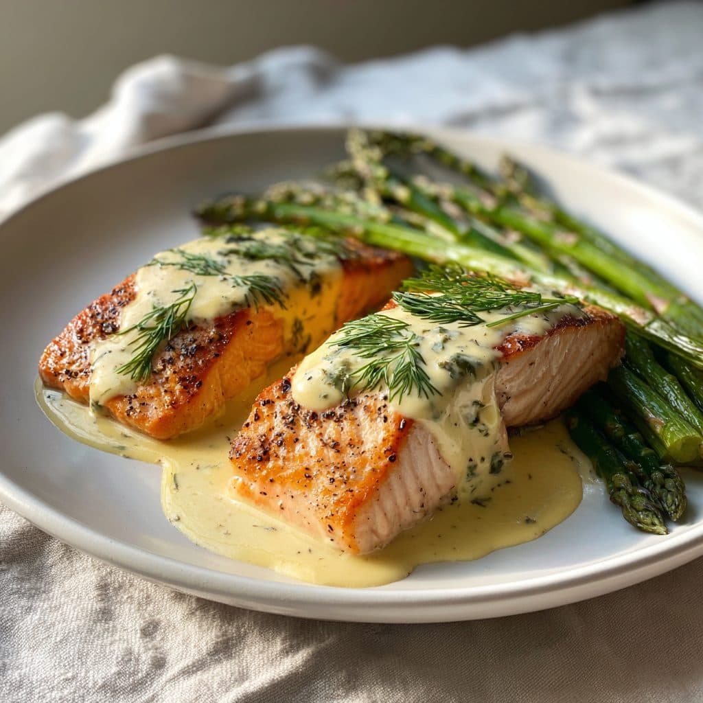 Creamy Lemon Dill Salmon with Roasted Asparagus