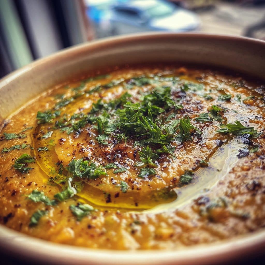 A bowl of orange lentil soup garnished with parsley and a drizzle of olive oil.